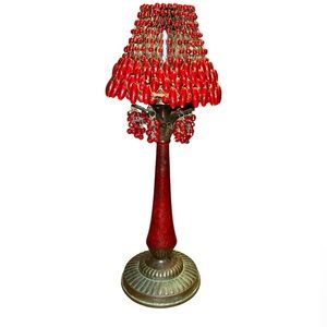 Vintage Red Beaded Shade Palm Tree Votive Candle Brass Holder
